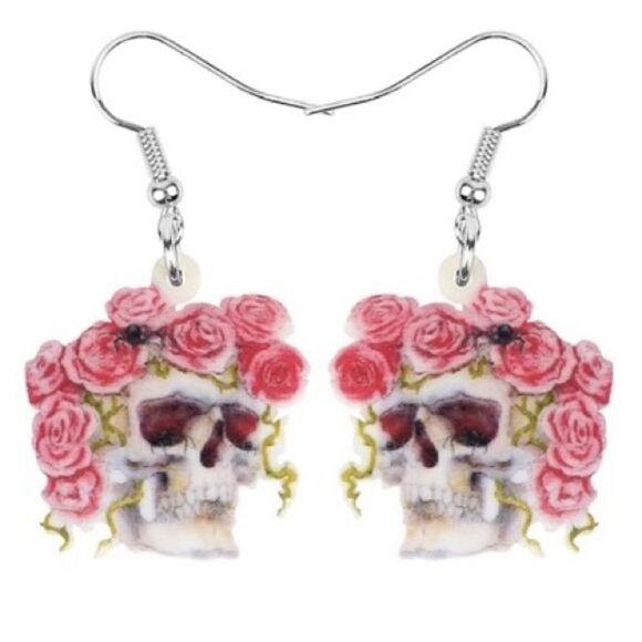 Floral Skull Earring Dia de los Muertos Halloween Pink Lightweight - Picture 1 of 5